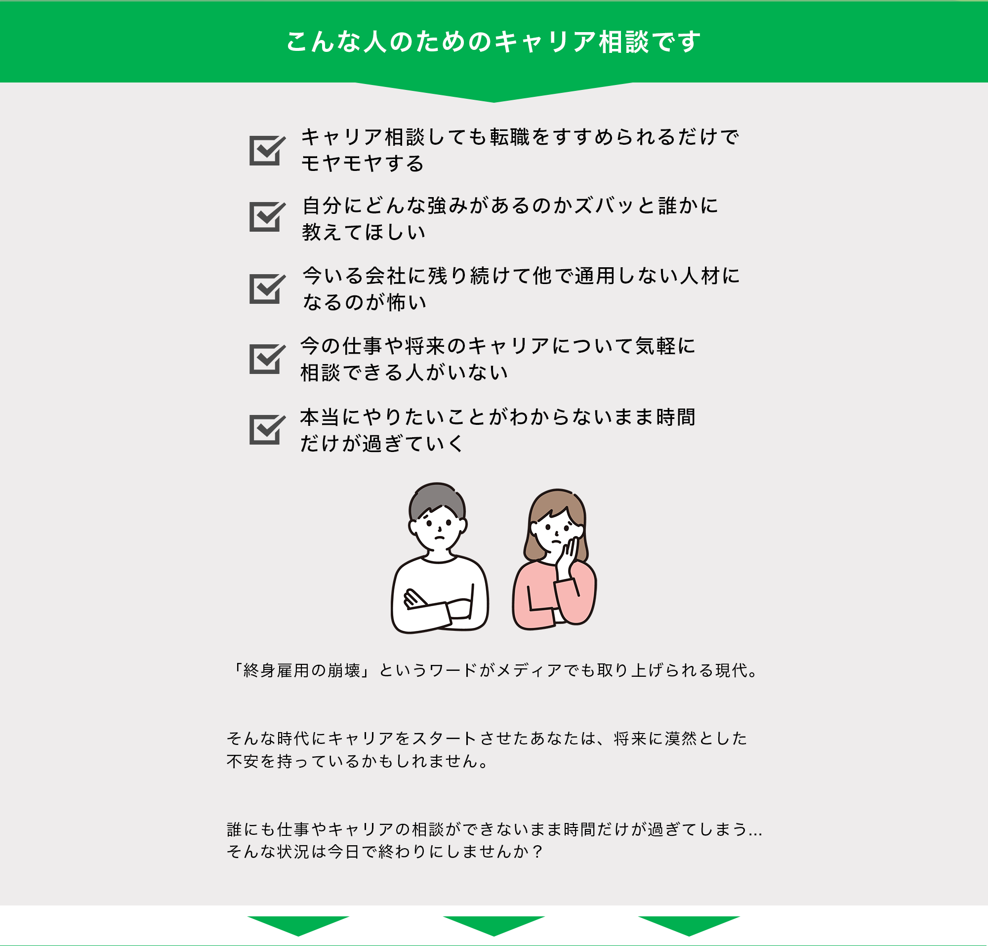 【こんな人のためのキャリア相談です】・キャリア相談しても転職をすすめられるだけでモヤモヤする・自分にどんな強みがあるのかズバッと誰かに教えてほしい・今のいる会社に残り続けて他で通用しない人材になるのが怖い・今の仕事や将来のキャリアについて気軽に相談できる人がいない・本当にやりたいことがわからないまま時間だけが過ぎていく「終身雇用の崩壊」というワードがメディアでも取り上げられる現代。そんな時代にキャリアをスタートさせたあなたは、将来に漠然とした不安を持っているかもしれません。誰にも仕事やキャリアの相談ができないまま時間だけが過ぎてしまう...そんな状況は今日で終わりにしませんか？