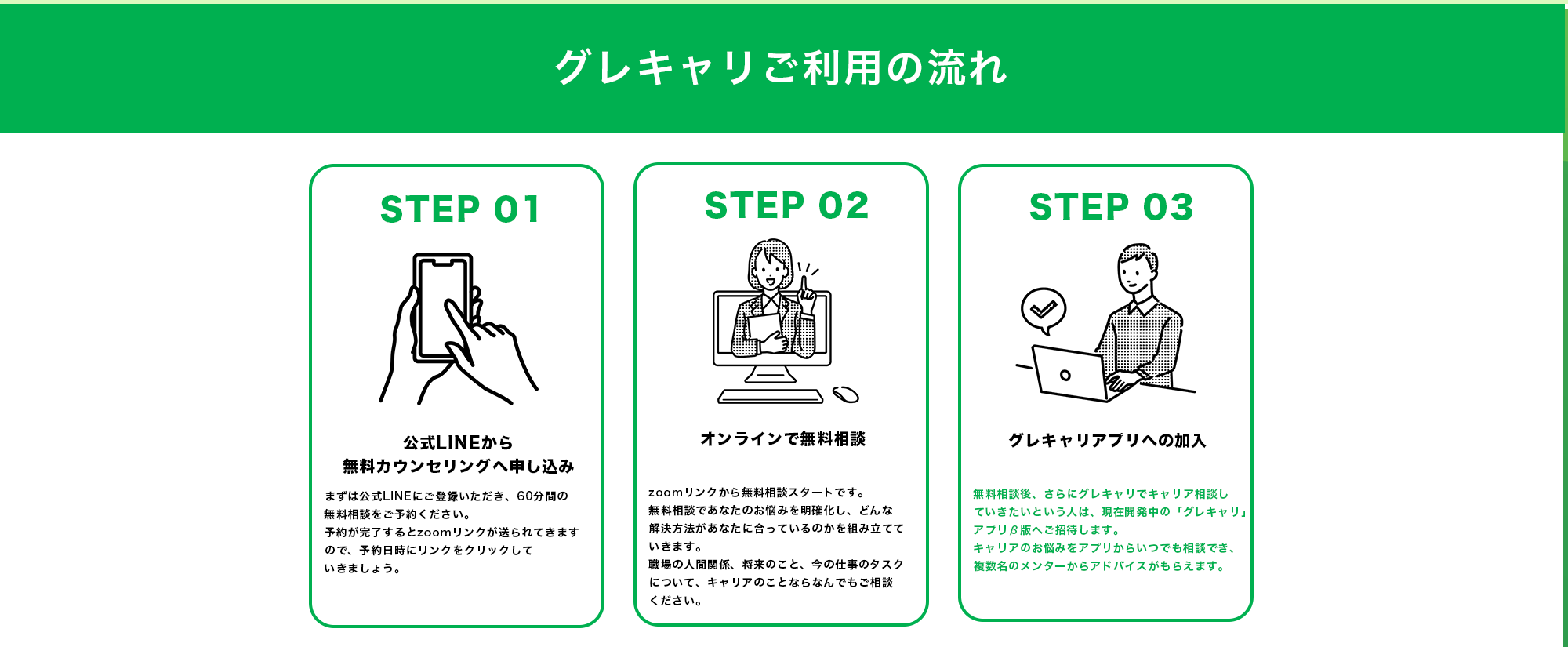 【グレキャリご利用の流れ】  【Step1】 公式LINEから無料カウンセリングへ申し込み まずは公式LINEにご登録いただき、60分間の無料相談をご予約ください。 予約が完了するとzoomリンクが送られてきますので、予約日時にリンクをクリックしていきましょう。  【Step2】オンラインで無料相談 zoomリンクから無料相談スタートです。 無料相談であなたのお悩みを明確化し、どんな解決方法があなたに合っているのかを組み立てていきます。 職場の人間関係、将来のこと、今の仕事のタスクについて、キャリアのことならなんでもご相談ください。   【Step3】グレキャリアプリへの加入 無料相談後、さらにグレキャリでキャリア相談していきたいという人は、現在開発中の「グレキャリ」アプリβ版へご招待します。 キャリアのお悩みをアプリからいつでも相談でき、複数名のメンターからアドバイスがもらえます。