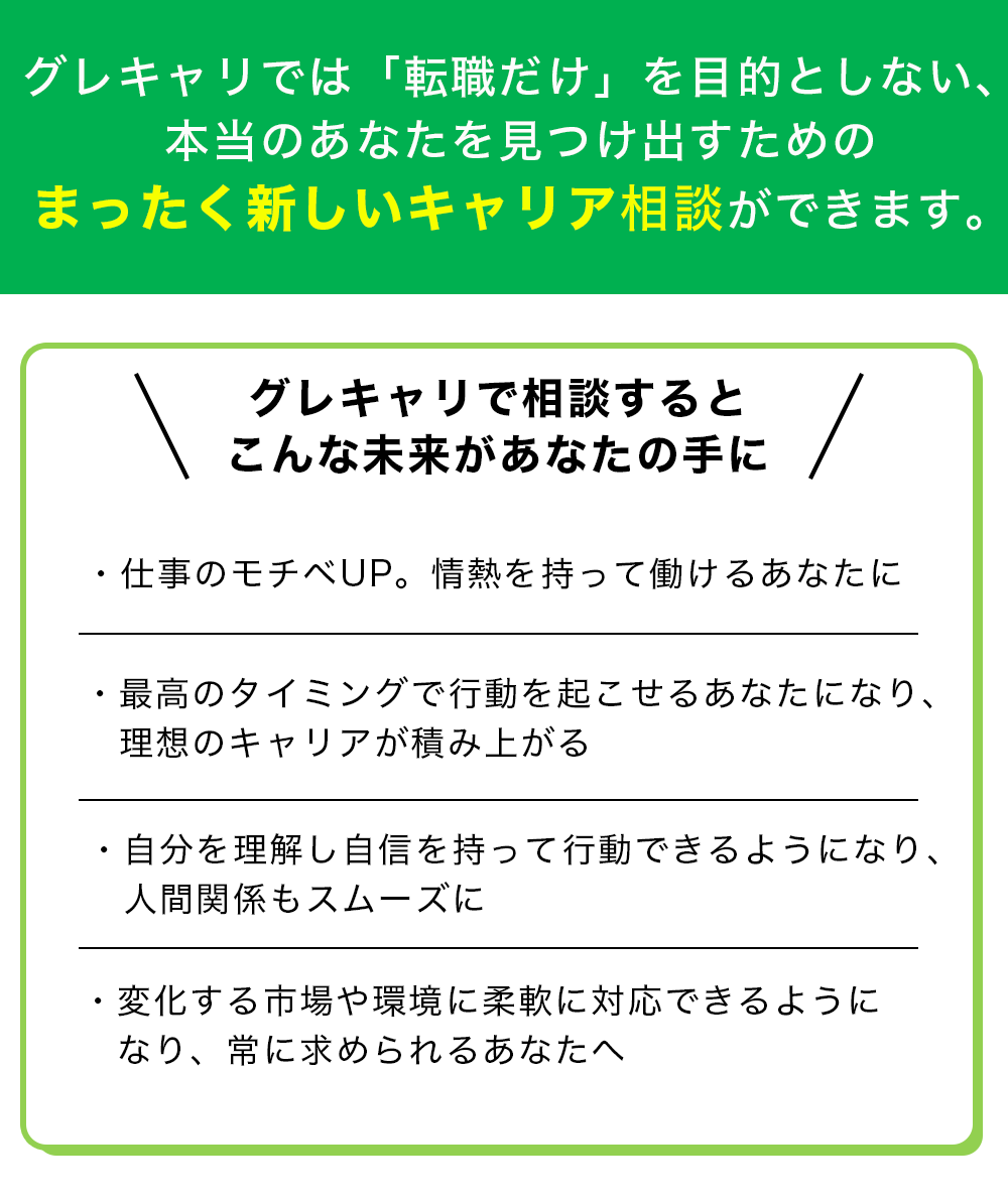 グレキャリでは「転職だけ」を目的としない、本当のあなたを見つけ出すためのまったく新しいキャリア相談ができます。【グレキャリで相談するとこんな未来があなたの手に】・仕事のモチベUP。情熱を持って働けるあなたに・最高のタイミングで行動を起こせるあなたになり、理想のキャリアが積み上がる・自分を理解し自信を持って行動できるようになり、人間関係もスムーズに・変化する市場や環境に柔軟に対応できるようになり、常に求められるあなたへ
